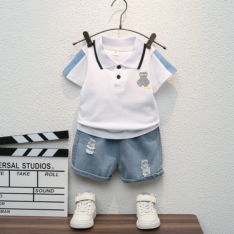 Short-Sleeved Lapel Denim Shorts and T-Shirt Set BB40