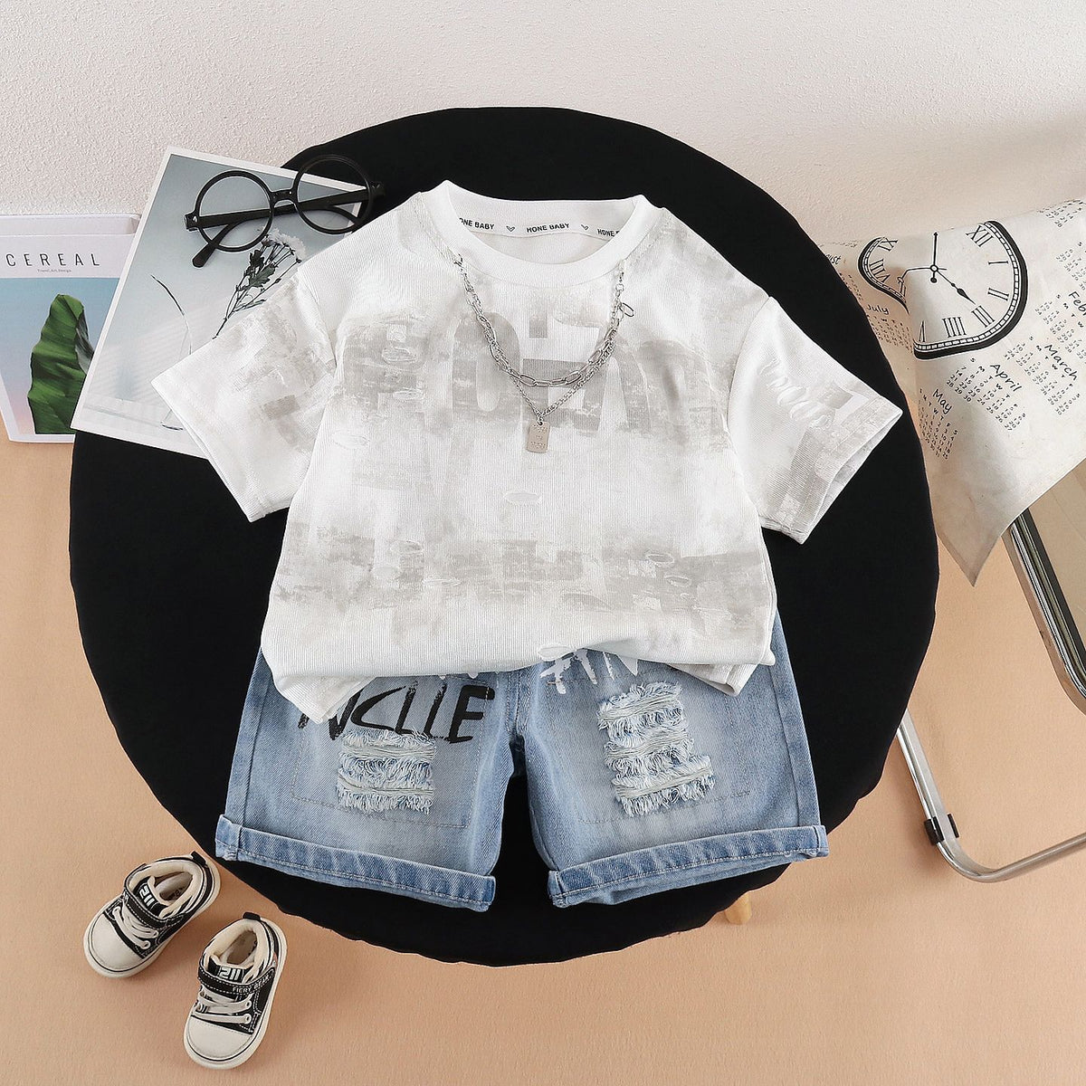 Boys Chain Hole Short-Sleeved Two-Piece Set BB60