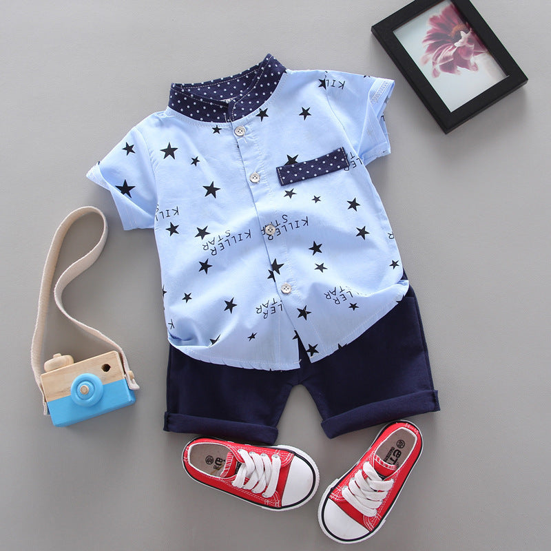 Star-Printed Stand-Up Collar Short-Sleeved Two-Piece Set BB39