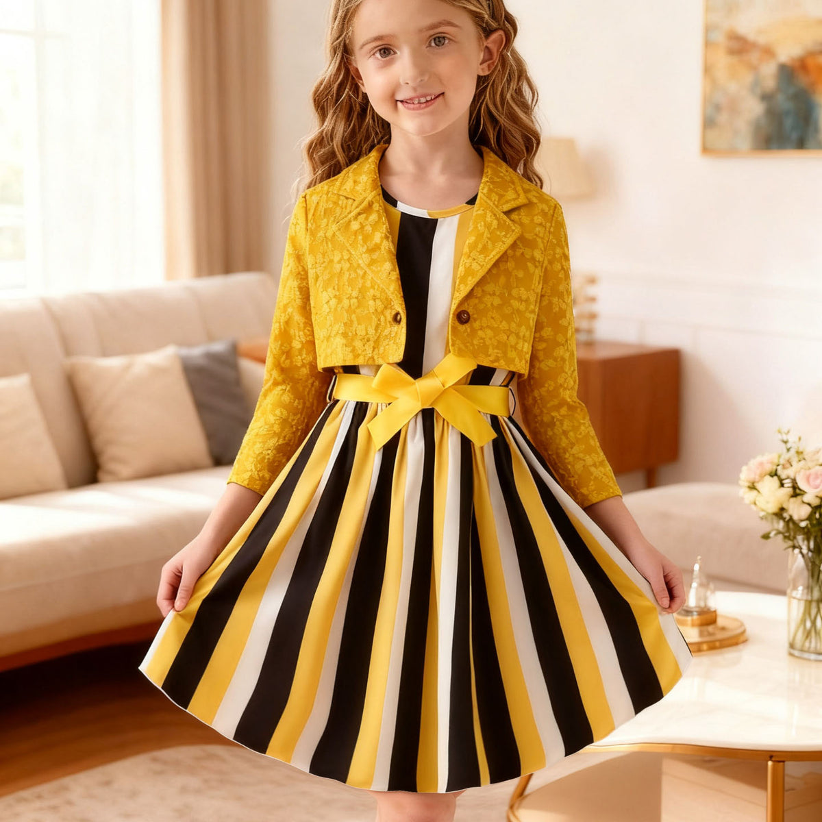 Yellow And Black Striped Two-Piece Dress Set BB05