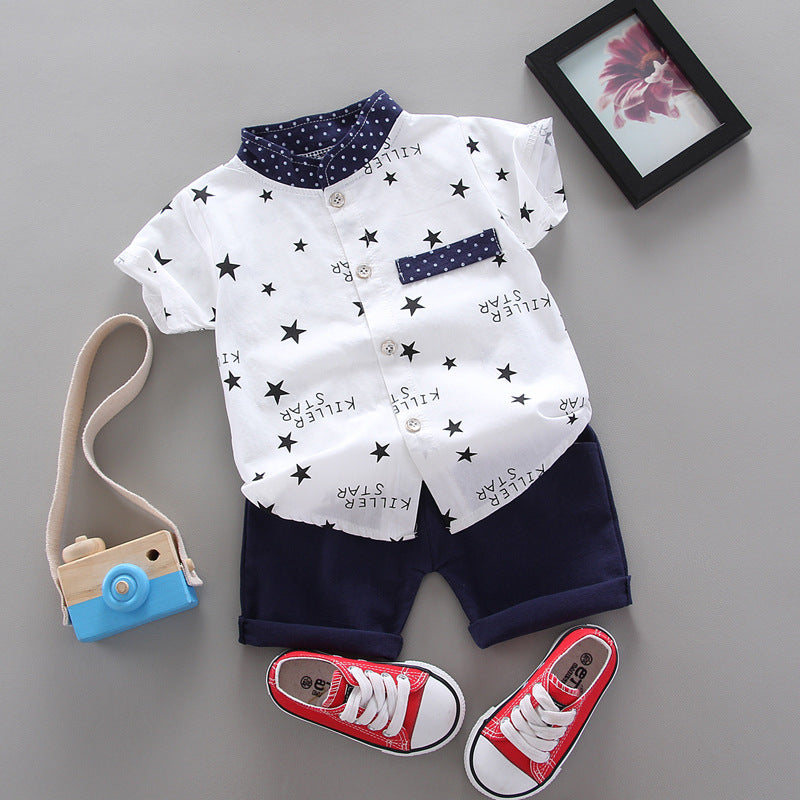 Star-Printed Stand-Up Collar Short-Sleeved Two-Piece Set BB39