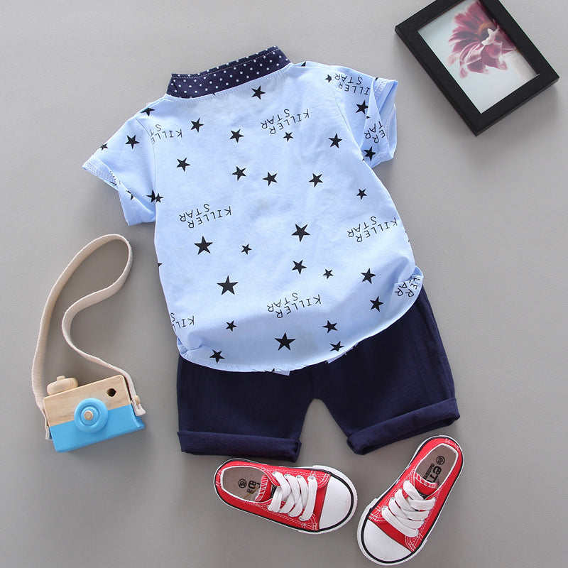 Star-Printed Stand-Up Collar Short-Sleeved Two-Piece Set BB39