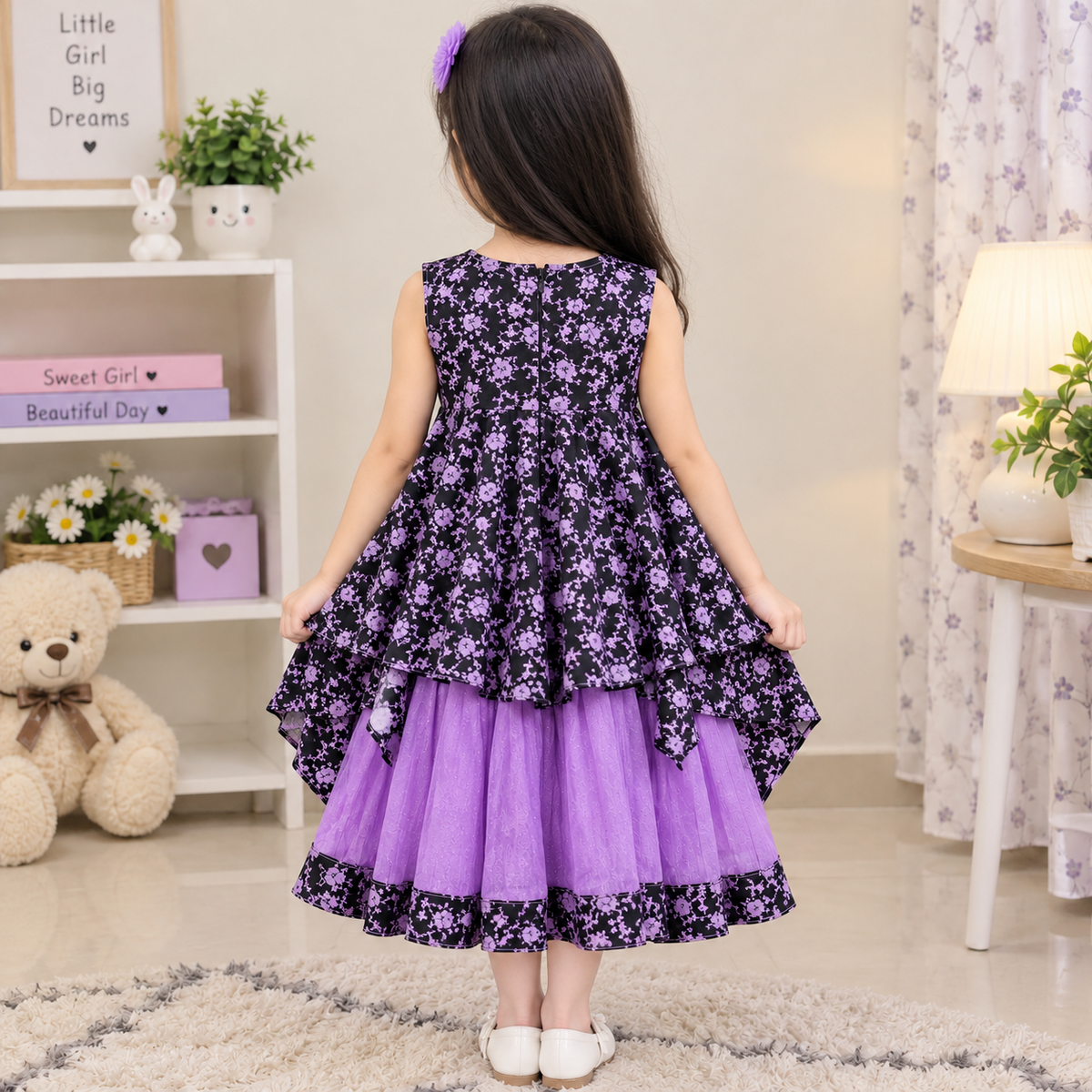 Black Floral Layered Girls Dress BBS13