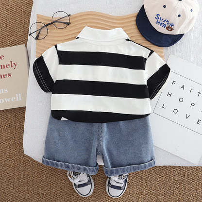Wide Stripe Bear Lapel Short Sleeve Denim Shorts Set BB18