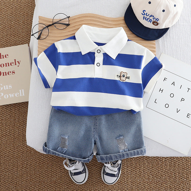 Wide Stripe Bear Lapel Short Sleeve Denim Shorts Set BB18