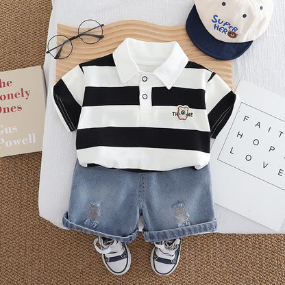Wide Stripe Bear Lapel Short Sleeve Denim Shorts Set BB18
