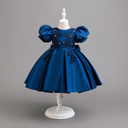 Satin Flower Puff Sleeve Evening Dress BB193