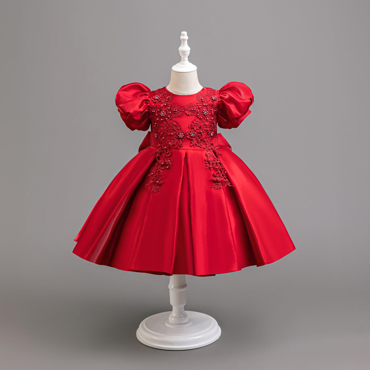 Satin Flower Puff Sleeve Evening Dress BB193