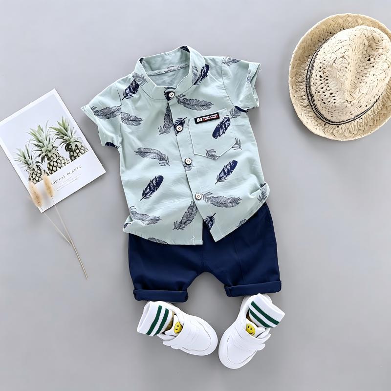 Star-Printed Stand-Up Collar Short-Sleeved Two-Piece Set BB39
