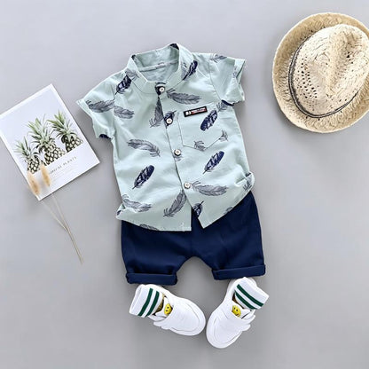 Star-Printed Stand-Up Collar Short-Sleeved Two-Piece Set BB39