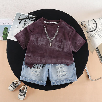 Boys Chain Hole Short-Sleeved Two-Piece Set BB60