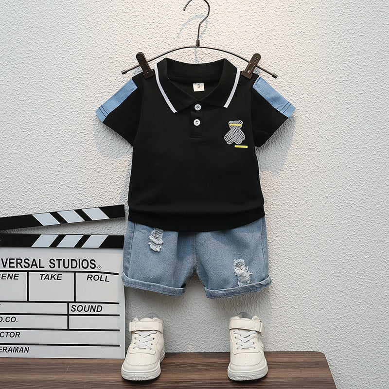 Short-Sleeved Lapel Denim Shorts and T-Shirt Set BB40