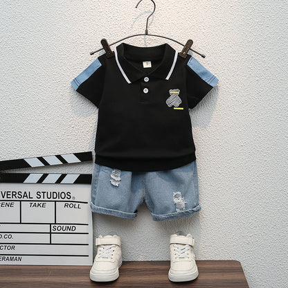 Short-Sleeved Lapel Denim Shorts and T-Shirt Set BB40