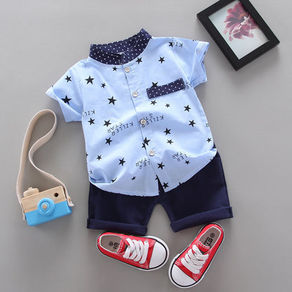 Star-Printed Stand-Up Collar Short-Sleeved Two-Piece Set BB39