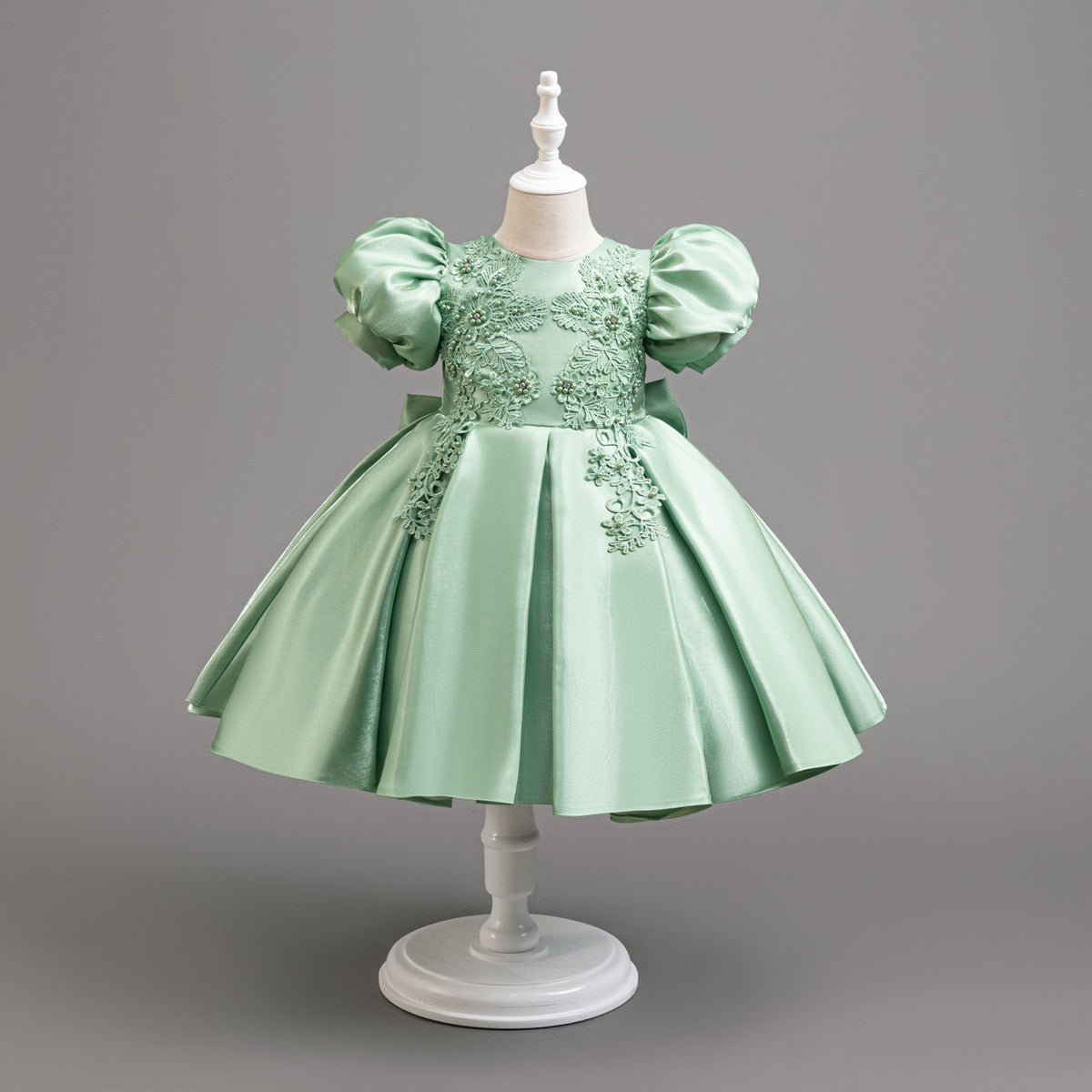 Satin Flower Puff Sleeve Evening Dress BB193