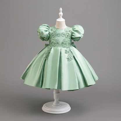 Satin Flower Puff Sleeve Evening Dress BB193