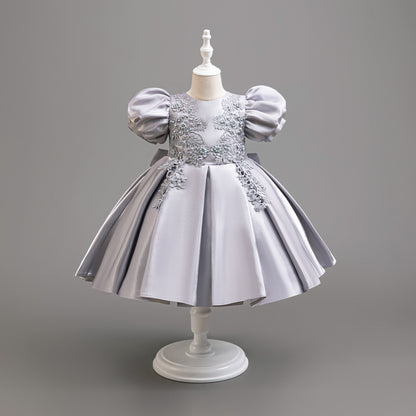 Satin Flower Puff Sleeve Evening Dress BB193