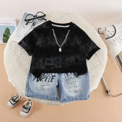 Boys Chain Hole Short-Sleeved Two-Piece Set BB60