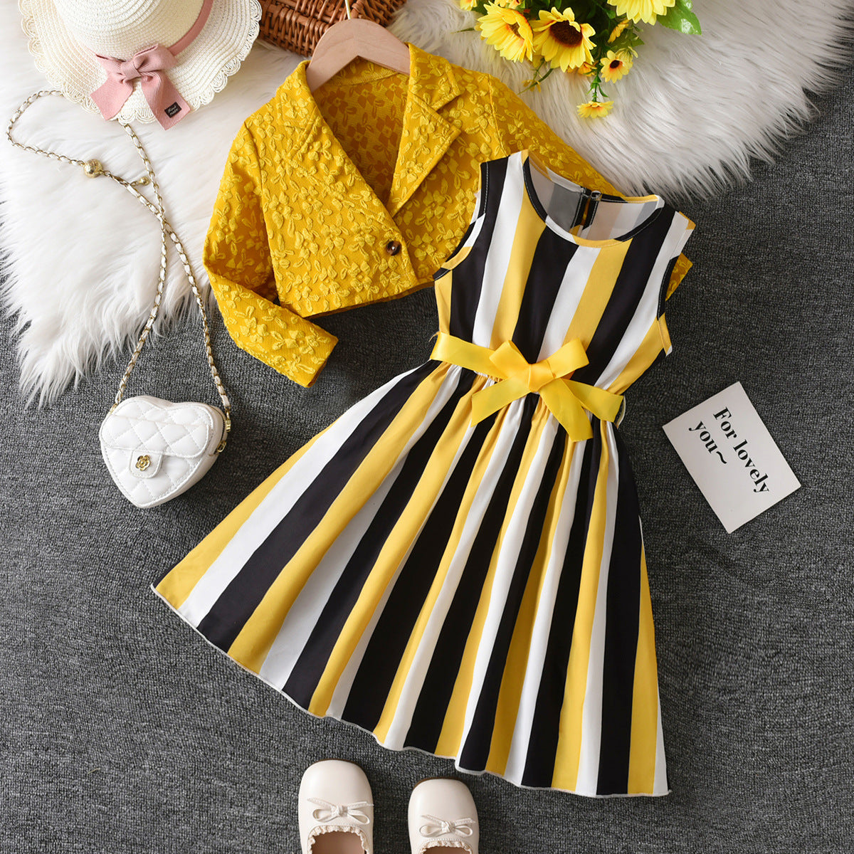 Yellow And Black Striped Two-Piece Dress Set BB05