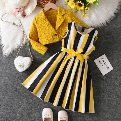Yellow And Black Striped Two-Piece Dress Set BB05