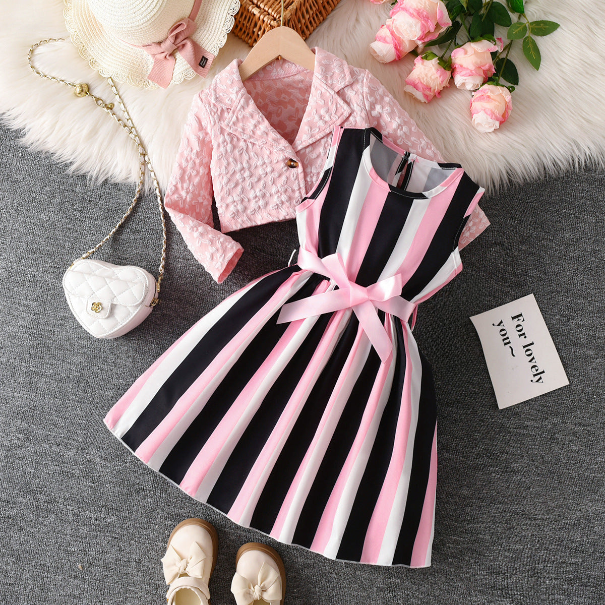 Yellow And Black Striped Two-Piece Dress Set BB05
