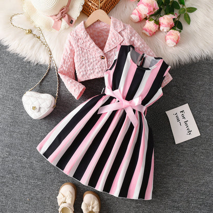 Yellow And Black Striped Two-Piece Dress Set BB05