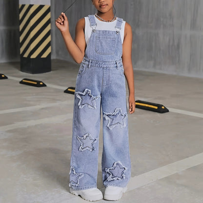 Girls Denim Romper Full-Leg Straight Pants BB34