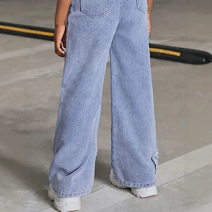 Girls Denim Romper Full-Leg Straight Pants BB34