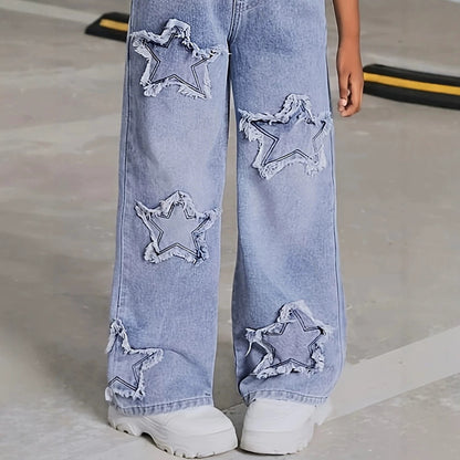 Girls Denim Romper Full-Leg Straight Pants BB34