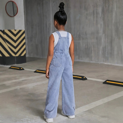 Girls Denim Romper Full-Leg Straight Pants BB34