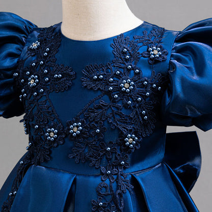 Satin Flower Puff Sleeve Evening Dress BB193
